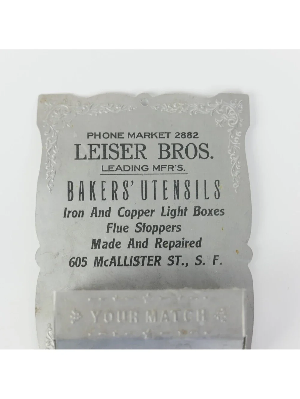 Antique Leiser Bros San Francisco Tin Wall Match Holder Striker Box Safe 1910s